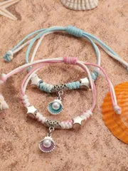 ジュエリー レディース ブレスレット セット 2個セット ビーチスタイル フェイクパール ヒトデ貝殻パールブレスレット ユニセックスカップルアクセサリー ブレスレットチェーン