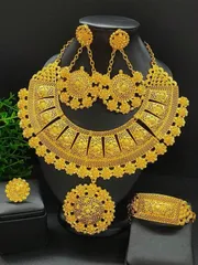 ジュエリー レディース セット ネックレス 1点、ピアス 1ペア、ブレスレット 1点、リング 1点 ラグジュアリーゴールドメッキジュエリーセット - ネックレス、ピアス、リング、ブレスレットの4点セット 結婚式、パ