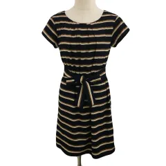 ナチュラルビューティーベーシック NATURAL BEAUTY BASIC ワンピース Iライン ミニ リボンベルト ボーダー タック 半袖 S 黒 茶 ブラック ブラウン