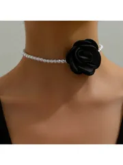 ジュエリー レディース ネックレス 1個 黒白ゴシック調ネックレス、人工真珠の連なりと大きな花のペンダント バレンタイン