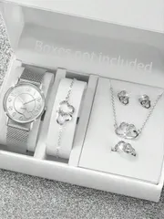 腕時計 レディース セット 学生へのギフトとして - プラスチックメッシュストラップ、シンプルなデジタル&ハート型ダイヤル クォーツ腕時計 + ジュエリーセット(6点セット)