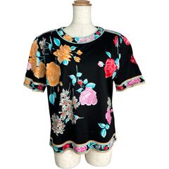 レオナール カンカン カットソー トップス トリム 花 ハイネック 黒 L
