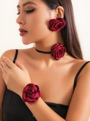 Ladies' Jewelry Set 4-Piece Set: Vintage Gothic Black Rose Flower Choker Necklace, Satin Rose Rope Necklace, Bracelet & Earrings Jewelry Set (White)