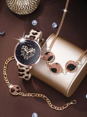 Ladies' Watch Set: Leopard Print PU Strap Quartz Watch, Leopard Head Pendant Necklace, Earrings, and Ring Jewelry Set. Fashionable and unique, perfect for everyday wear, birthday gifts, and parties.