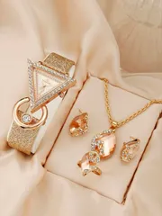 腕時計 レディース セット 1個 レディース腕時計 ラインストーン付き パーソナライズ ファッション クォーツ ウォッチ 、3点セット ネックレス リング ピアス 学生へのプレゼントに