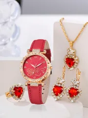 腕時計 レディース セット 5個セット レディース 赤 PUレザーバンド 腕時計、ファッショナブルでカジュアル、ゴージャスなラインストーンダイヤル クォーツ時計、ネックレス、ピアス、リング ジュエリーセット、デイリ