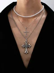 ジュエリー メンズ ネックレス 3個 パンクスタイル メタルクロスペンダント パールチェーンネックレス、男性の日常着やパーティーウェアに適しています、マルチレイヤーネックレスのスタッキング