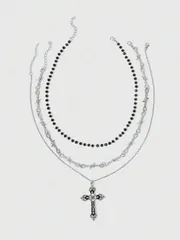 ジュエリー レディース ネックレス 3個セット ゴシック調 パーソナライズ クリスタルビーズ トゥーンクロス ペンダントネックレス、パンクロック レトロ スウィート ゴシック クロスネックレス、ダークゴシック ヨー