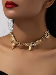 ジュエリー レディース ネックレス 1個 ヴィンテージ ヘビーメタルパンクスタイル ハート、フラワー、星型ペンダントネックレス パーティーや音楽フェスバレンタインに