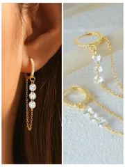 ジュエリー レディース イヤーアクセサリー 1ペア 925スターリングシルバークラシッククリスタルジルコニアフープイヤリングラインストーン18Kゴールドメッキロングダングルイヤリングタッセルウェディングダングルイヤ