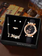 腕時計 レディース セット 1セット レディース腕時計 PUストラップクォーツ腕時計 ビジューダイヤル ラインストーンネックレス リング ルビーアクセサリーギフトセット 日常着用、誕生日プレゼント、パーティー、休日