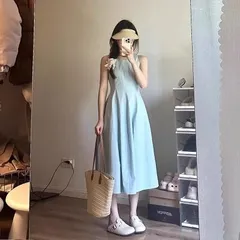 【夏季新作】ブルー ワンピース レディース フレンチ風 ウエストシェイプで痩せ見え ノースリーブ キャミソール風 Aライン ロングドレス 上品な雰囲気