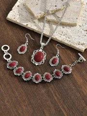 ジュエリー レディース セット ブルートパーズ ジオメトリック模様 レトロボヘミアンスタイルのアクセサリーセット、ピアス2個、ブレスレット2個、ネックレス1個、女性や女の子に向けたデート、パーティー、バケーション、