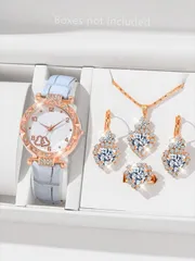 腕時計 レディース セット 女性用腕時計5点セット クオーツ時計 - 輝くラインストーン、PUレザー、ピアス、リング、ネックレス、彼女に最適なジュエリーセット