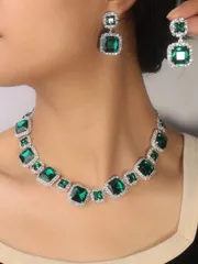 ジュエリー レディース セット 1セット シルバー スクエアネックレス&ピアスセット、ウェディングアクセサリー、グリーンクリスタル ブライダルジュエリーセット