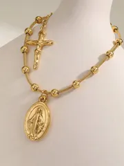 ジュエリー レディース ブレスレット 1個 ファッショナブルなヴィンテージ 18Kゴールドメッキ ステンレススチール ジーザスクロス&聖母マリア ビーズチェーンブレスレット、女性、クリスチャン、宗教、秋のアクセサリ
