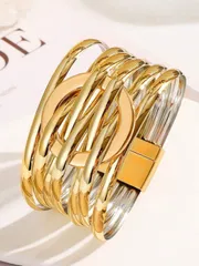 ジュエリー レディース ブレスレット 1個 ヨーロッパ&アメリカスタイル マルチレイヤー PU レザー&メタル 大きなリング 磁石留め レディースブレスレット