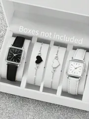 腕時計 レディース セット 女性ファッションカジュアル スクエア数字ダイヤル クォーツ腕時計 4個セット + ハートブレスレット、時計箱は含まれません