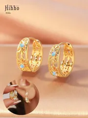 ジュエリー レディース イヤーアクセサリー   1ペア ヴィンテージ コッパー ターコイズ インレイ 幾何学模様 ラウンド フープピアス、エレガントなデザイン、デイリーウェア、フェスティバル、パーティー、ギフトに最