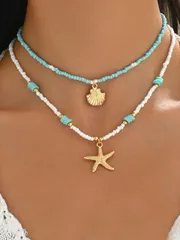 ジュエリー レディース ネックレス セット ボヘミアン風オーシャンスタイル ビーズ パール メタルシェル&ヒトデ ペンダントネックレス 2個セット、ビーチリゾートファッションジュエリー、日常着やビーチ旅行に適してい