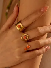 リング レディース セット ステンレススチール ゴールド&オレンジ樹脂宝石 ファッションリングセット 3個、女性の日常の装飾やギフトに最適