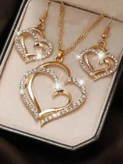 ジュエリー レディース セット 2個セット ビンテージ風 ファッショナブル中空ハートデコレーション アロイラインストーンネックレス&ピアスジュエリーセット 女性用 _ 母の日の完璧なプレゼント