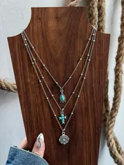 ジュエリー レディース ネックレス セット 3個セット ターコイズ調 ウエスタン カウガール スタイル ヴィンテージ 馬蹄、サボテン、ミニマリスト チェーンネックレス (長さはカットできます、ビーズの個数はカウント