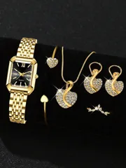 腕時計 レディース セット 女性用腕時計セット 6個入り、ファッショナブルなラグジュアリー スクエアダイヤル クォーツ腕時計、合金鋼ストラップ、ラインストーン インレイ、合金ジュエリーセット、ハート型ダイヤモンド、