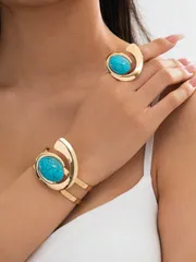 ジュエリー レディース セット ファッション誇張メタル埋め込み真珠 ブレスレット、リング、ジュエリーミニセット、アクセサリー - ホリデーギフト 1セット