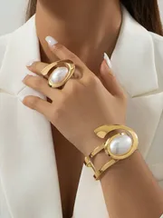 ジュエリー レディース セット 1セット 誇張されたメタル インレイパール ハーフバングル レディースブレスレット リングジュエリーアクセサリーセット - ホリデーギフト