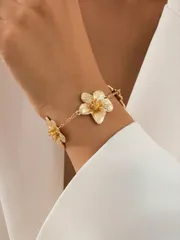 ジュエリー レディース ブレスレット 1個 スタイリッシュで革新的なゴールドカラーの大きめ5弁フラワーデザインブレスレット、ウェディングギフト用