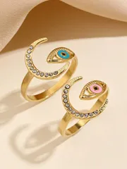 リング レディース セット ステンレス製ファッションレトロゴールデンリング2個セット、ピンクとブルーのオイルドロップ模様、月型のラインストーン装飾オープンリング、女性の日常着用やギフトにおすすめ
