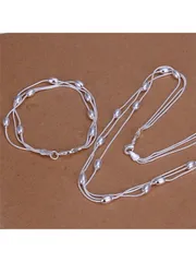 ジュエリー レディース セット 925シルバーメッキ フリンジ オーバル ビーズチェーン ブレスレット ネックレス ジュエリーセット 女性 ファッション パーティー 結婚式 アクセサリー ギフト 2個セット