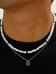 ジュエリー メンズ ネックレス セット 2個セット メンズステンレススチールチェーンネックレス、模造バロック パール & ターコイズペンダント付き、デイリービジネスパーティーアクセサリー (非対称パールサイズ ラン