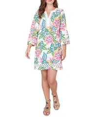 ルビーアールディー レディース トップス ワンピース Vネック フラワー柄 プチ フラワー Ruby Rd Petite Size Tropical Floral Split VNeck 34 Sleeve Shift Dress White Multi ホワ