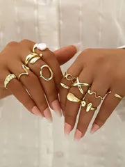 リング レディース セット 12個 滑らかな幾何学模様の大ぶりのファッションリング、レトロなスタイルのクラシックなゴールドカラーのレディースリング