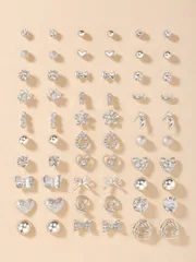 ジュエリー レディース イヤーアクセサリー セット  ファッションメタルバタフライ、ハート、ラインストーン、月、リボン、フラワースタッドピアスセット60個、ジュエリーギフト、女性の日常着に適しています