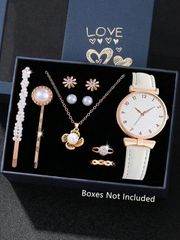 Ladies' Watch Set: 1 Watch, Fashion Casual Digital Round Dial Quartz Watch, and 9-Piece Jewelry Set (Faux Pearl Necklace, Earrings, Ring) - Perfect for Parties and Holidays.
