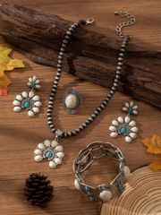 Ladies' Bohemian Style Vintage Turquoise Bronze Jewelry Set (4 pieces: necklace, earrings, ring, bracelet) - Perfect for everyday wear or special occasions.
