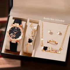 腕時計 レディース セット レディース腕時計セット PUストラップ クォーツ ビジューダイヤル ラインストーンネックレス ピアス リング アクセサリー付き、日常着用、誕生日プレゼント、パーティー、休日集まりに最適、