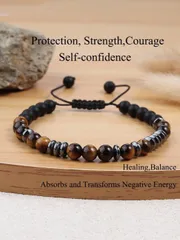 ジュエリー メンズ ブレスレット 6mm タイガーアイ & マットブラックオニキスブレスレット、保護、自信、モチベーション、フォーカスゴール、調整可能な ノット結び ブレスレット、女性/男性瞑想ジュエリー
