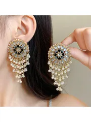 ジュエリー レディース イヤーアクセサリー 高級幾何学柄 ラウンド フェイクパール タッセルピアス 1ペア