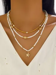 ジュエリー レディース ネックレス ボヘミアン ビーチスタイル メタル製 ヒトデ&シェル パールビーズ アジャスター付き ネックレス 3個セット 女性用