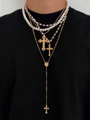 ジュエリー メンズ ネックレス セット ビンテージパンクスタイル メタルクロスペンダントネックレス4個セット、メンズヒップホップファッション フェイクパールビーズマルチレイヤーネックレスセット