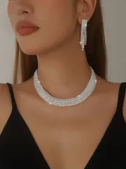 ジュエリー レディース セット 3個セット シルバーホワイト クリスタル ネックレスピアスジュエリーセット、ファッションパーティードレスアクセサリー、レディースジュエリーセット