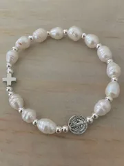 ジュエリー レディース ブレスレット 1個 フェイクパール ビーズ クロス&聖母マリア ペンダントブレスレット、ヴィンテージスタイル、男女兼用、デイリーウェア、ジュエリーギフト