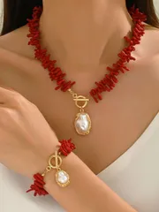 ジュエリー レディース セット 赤珊瑚バロック フェイクパール ネックレス&ブレスレットセット2個、女性用 夏のビーチパーティー ジュエリーアクセサリー