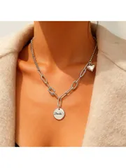ジュエリー レディース ネックレス 1個 ヴィンテージ 925シルバー アシンメトリーハート&レターペンダントネックレス、日常、パーティー、休日、家族、友人、クリスマス、ハロウィン、バレンタインデー、誕生日のギフト
