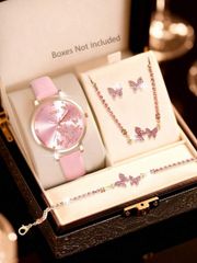 Ladies' Watch Set: Fashionable and Glamorous, this set includes a rhinestone butterfly pendant necklace, earrings, and ring jewelry set, along with a butterfly-patterned round dial quartz watch. Perfect for yourself or as a gift.