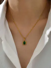 ジュエリー レディース ネックレス 1個 高品質ビンテージグリーン正方形キュービックジルコニアステンレススチールゴールドカラーネックレス、レディース デイリー着用、クリスマス、感謝祭ギフト